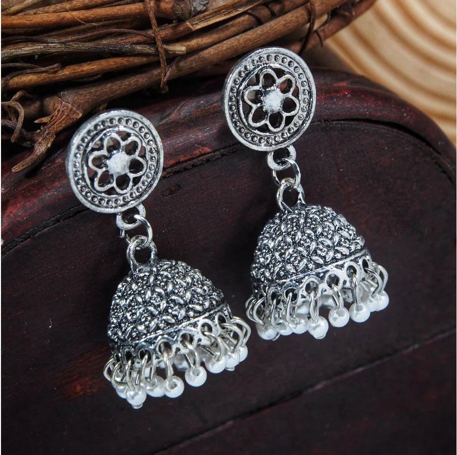 Antique Silver Plated White Pearl Small Jhumki Earring