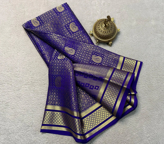 Lustrous Blue Brocade Soft Silk Saree